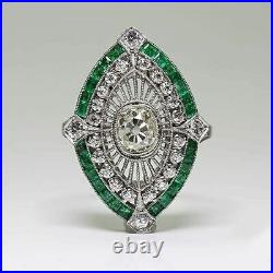 Perfect Art Deco Vintage 1.30 Ct Diamond & Green Sapphire Engagement Ring Silver