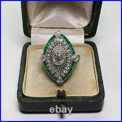 Perfect Art Deco Vintage 1.30 Ct Diamond & Green Sapphire Engagement Ring Silver