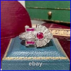 Pretty Vintage Art Deco Wedding Ring 14K White Gold Over 1.15 CT Simulated Ruby