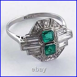 Pure 925 Solid Silver Art Deco Old Cut Emerald and Cubic Zirconia Vintage Ring