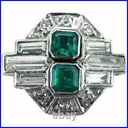 Pure 925 Solid Silver Art Deco Old Cut Emerald and Cubic Zirconia Vintage Ring