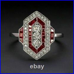 Round Simulated Diamond Vintage Art Deco Antique Ring In 14K White Gold Plated