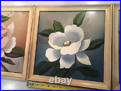 Set Of 4 Vintage Art Deco Signed & Framed Paintings Florals 13.5x13.5