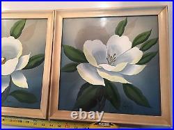 Set Of 4 Vintage Art Deco Signed & Framed Paintings Florals 13.5x13.5