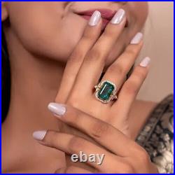 Simulated Emerald Cut Green Emerald Vintage Art Deco Ring 14K Yellow Gold Plated