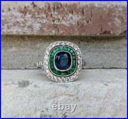 Unique Art Deco Vintage Style Cz Diamond & Sapphire, Emerald, Halo Ring 925 Silver