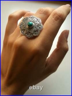 Unique Art Deco Vintage Turquoise, Personalised & Statement 925 Pure Silver Ring