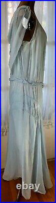 VINTAGE 1930's PALE SKY BLUE SILK CHIFFON CREPE BIAS CUT GOWN DRESS With RHINESTON