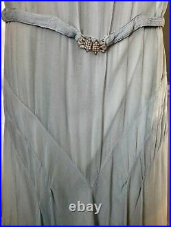 VINTAGE 1930's PALE SKY BLUE SILK CHIFFON CREPE BIAS CUT GOWN DRESS With RHINESTON