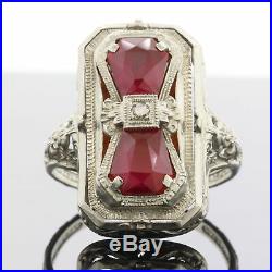 VTG Art Deco 14K White Gold Filigree Ruby Red & Diamond Cameo Flip Ring Sz 6.25