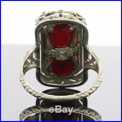 VTG Art Deco 14K White Gold Filigree Ruby Red & Diamond Cameo Flip Ring Sz 6.25