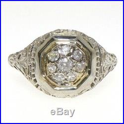 VTG Art Deco Antique Filigree 18K White Gold Ring Mine Cut Diamond Size 7 LHA2