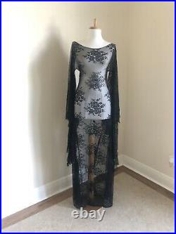 VTG Black Sheer Lace Art Deco Victorian BoHo Hippie Bell Sleeve Wedding DRESS