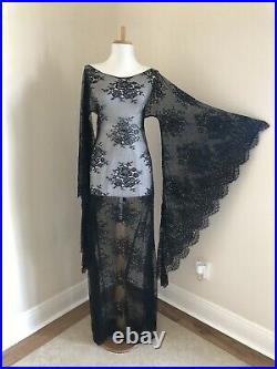 VTG Black Sheer Lace Art Deco Victorian BoHo Hippie Bell Sleeve Wedding DRESS