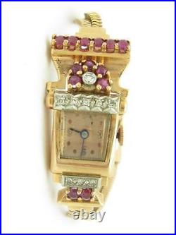Vintage 14k Solid Rose Gold Diamond & Ruby Art Deco Ladies Estate Wrist Watch