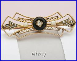 Vintage 1920s Art Deco 10k Gold Onyx Diamond Seed Pearl Filigree Bar Brooch Pin