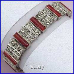 Vintage 1930s Art Deco Natural Carnelian Sterling Silver Marcasite Bracelet