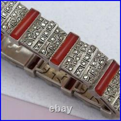 Vintage 1930s Art Deco Natural Carnelian Sterling Silver Marcasite Bracelet