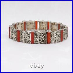 Vintage 1930s Art Deco Natural Carnelian Sterling Silver Marcasite Bracelet