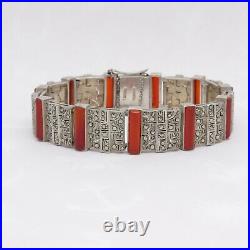 Vintage 1930s Art Deco Natural Carnelian Sterling Silver Marcasite Bracelet