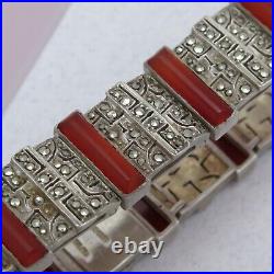 Vintage 1930s Art Deco Natural Carnelian Sterling Silver Marcasite Bracelet