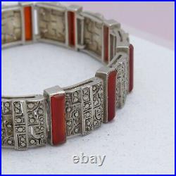 Vintage 1930s Art Deco Natural Carnelian Sterling Silver Marcasite Bracelet