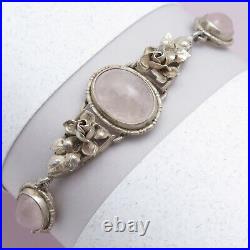 Vintage 1930s Art Deco Natural Rose Quartz Sterling Silver Flower Bracelet