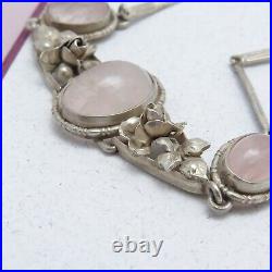 Vintage 1930s Art Deco Natural Rose Quartz Sterling Silver Flower Bracelet