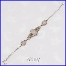 Vintage 1930s Art Deco Natural Rose Quartz Sterling Silver Flower Bracelet