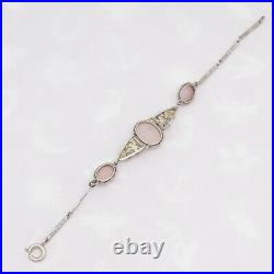 Vintage 1930s Art Deco Natural Rose Quartz Sterling Silver Flower Bracelet