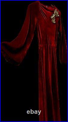 Vintage 1930s Bias Cut Silk Velvet Evening Dress burgundy maxi w bell sleeves
