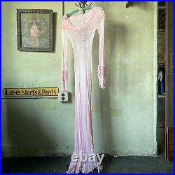 Vintage 1930s Pink Cotton Net Maxi Dress Ruffles Balloon Sleeves Slinky Low Back