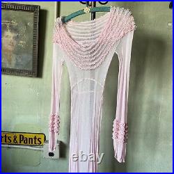 Vintage 1930s Pink Cotton Net Maxi Dress Ruffles Balloon Sleeves Slinky Low Back