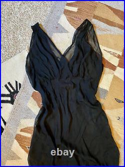 Vintage 1930s Sheer Black Silk Crepe Backless Bias Cut Dress Evening Gown L/XL