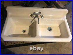 Vintage 1940 white cast iron double basin kitchen sink