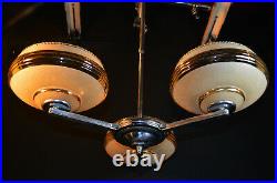 Vintage 1940s French Art deco 3 arm chandelier chrome plate, handmade Gilt glass