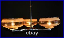 Vintage 1940s French Art deco 3 arm chandelier chrome plate, handmade Gilt glass