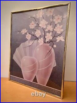 Vintage 1980s Flowers Poster Vase Framed PostModern Pomo Art Deco