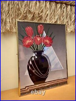 Vintage 1980s Tulip Flower Poster Vase Framed PostModern Pomo Art Deco