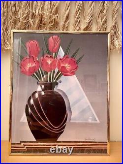 Vintage 1980s Tulip Flower Poster Vase Framed PostModern Pomo Art Deco