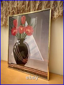 Vintage 1980s Tulip Flower Poster Vase Framed PostModern Pomo Art Deco