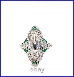 Vintage 2.75ct Marquise Diamond and Emerald Art Deco Ring in Platinum