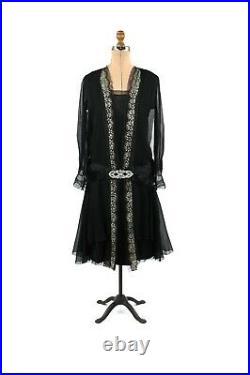Vintage 20s Sheer Black Chiffon Mesh Metal Embroidered Drop Waist Art Deco Dress