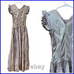Vintage 30s Dress Party Maxi Gown Stripes Pink Gray Ruffles Silk Art Deco XXS