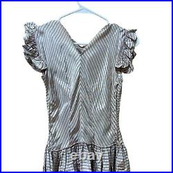 Vintage 30s Dress Party Maxi Gown Stripes Pink Gray Ruffles Silk Art Deco XXS