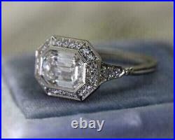 Vintage 3CT Emerald Real Moissanite Art Deco Ring 14K White Gold Silver Plated