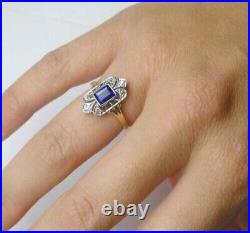 Vintage 3Ct Simulated Blue Sapphire Women's Art Deco Ring 14K Yellow Gold Over