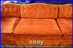 Vintage 70s tuffet fabric Velvet orange long couch sofa 96 W retro Furniture