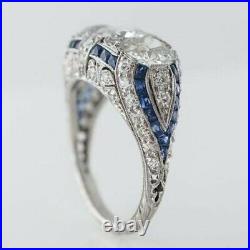 Vintage 8. CT Round Cut White CZ & Blue Sapphire 3 Stone Art Deco Engagement Ring
