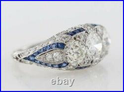 Vintage 8. CT Round Cut White CZ & Blue Sapphire 3 Stone Art Deco Engagement Ring